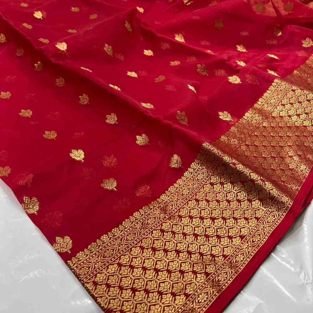 Pure Handloom Red Saree with Golden Zari Work Chanderi Saree